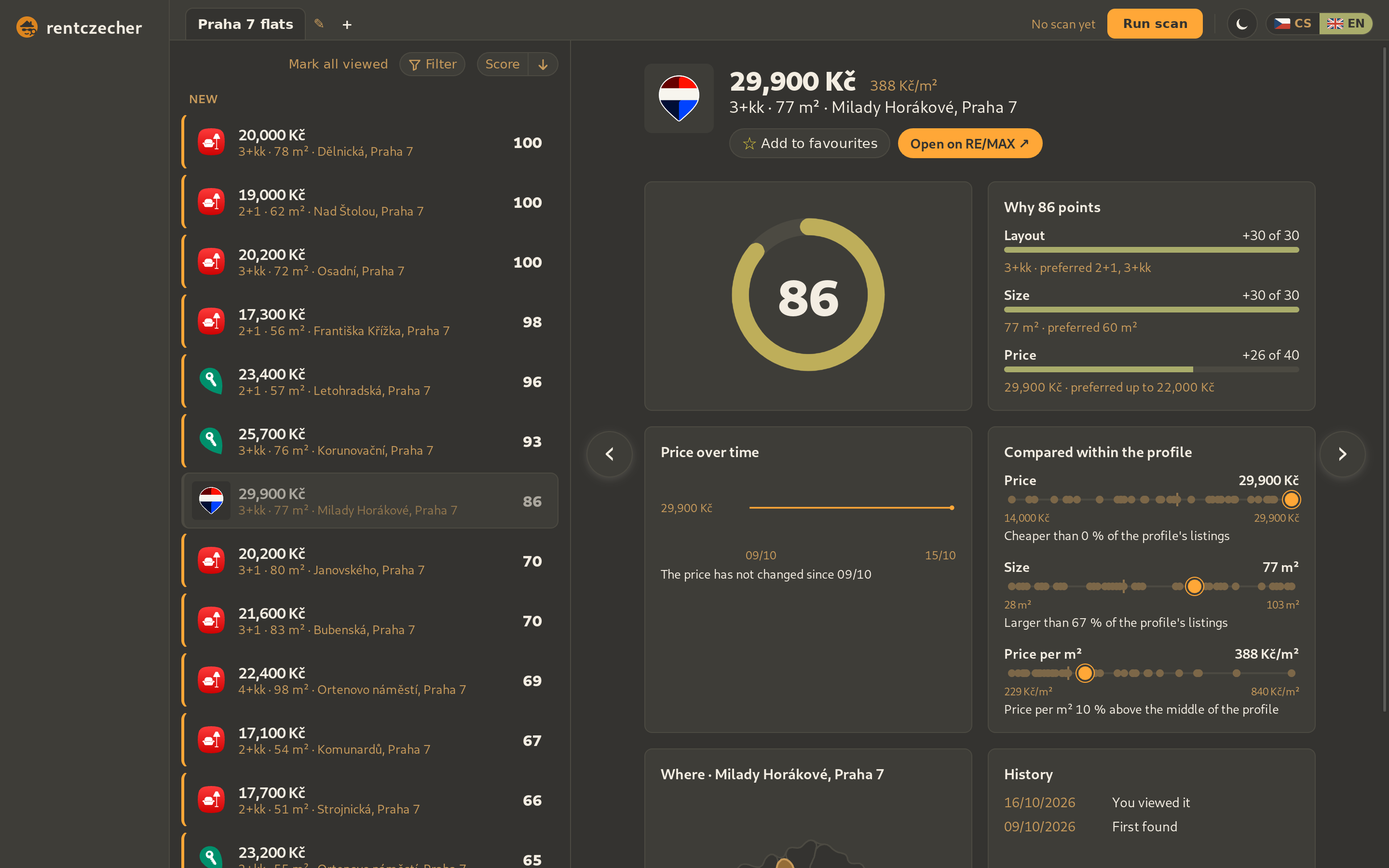 The app's inbox: new listings sorted by score, with the selected listing's score breakdown