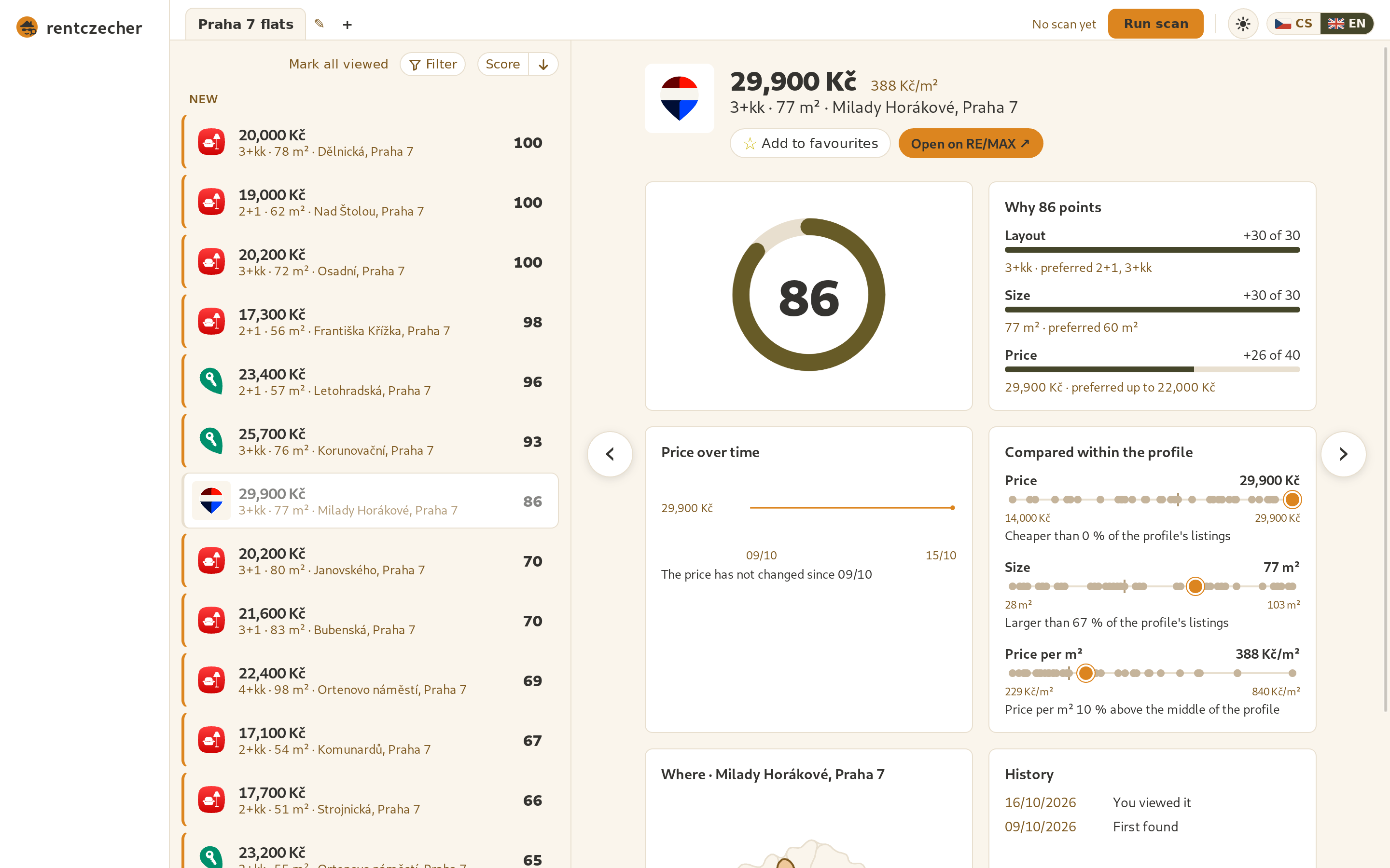 The app's inbox: new listings sorted by score, with the selected listing's score breakdown