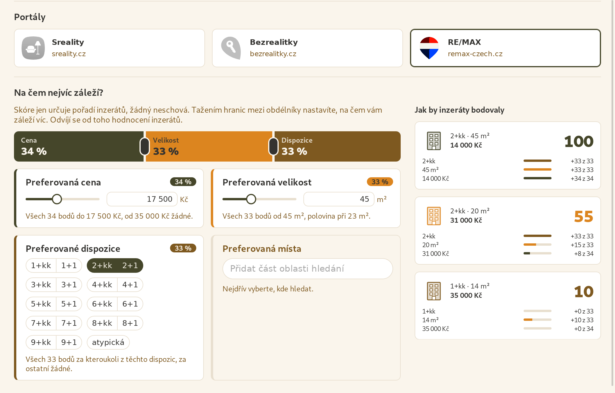 Preference v aplikaci: zapnuté portály, váha ceny, velikosti a dispozice a ukázka, jak by inzeráty bodovaly