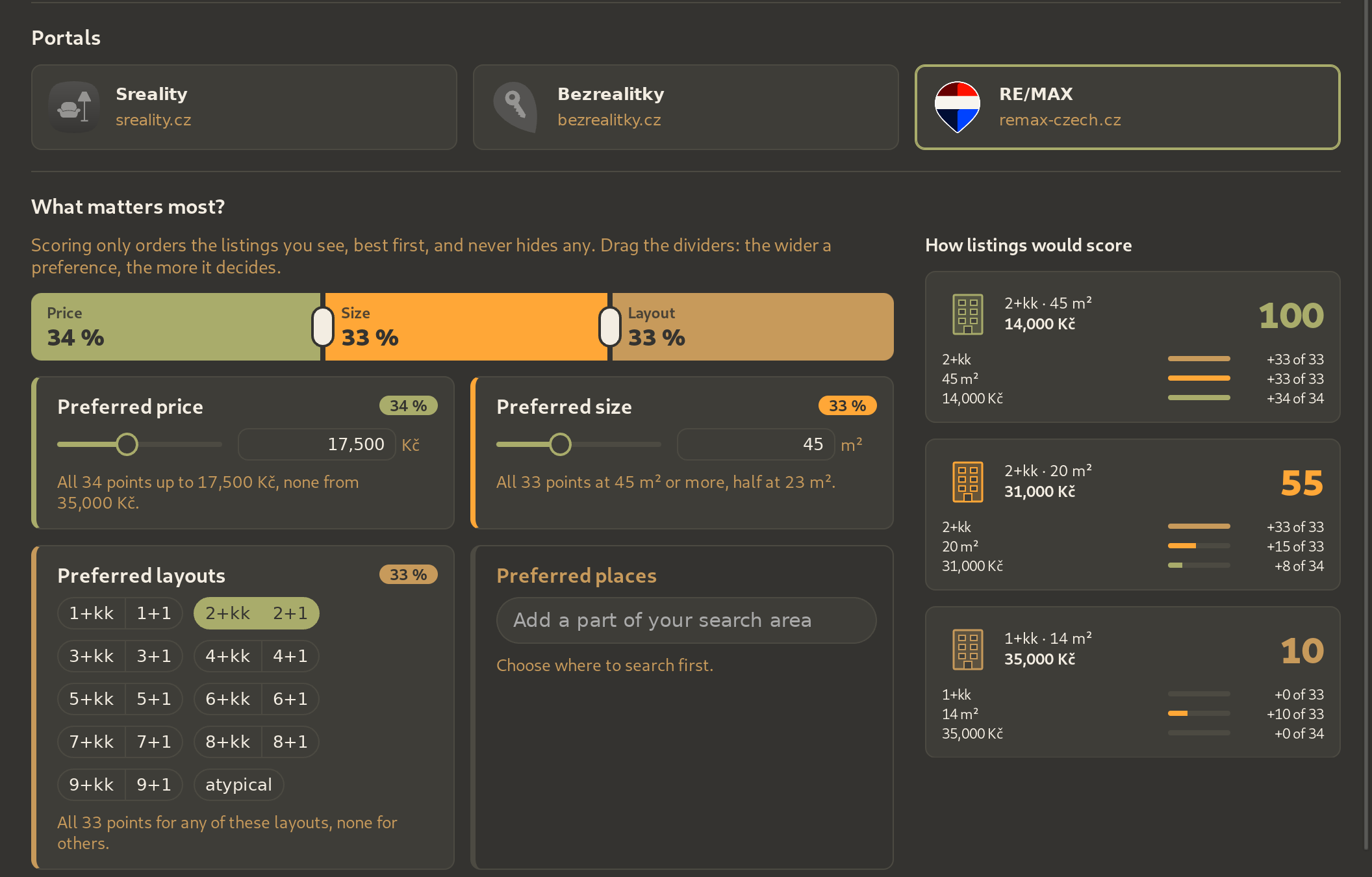 Preferences in the app: the portals turned on, the weight of price, size and layout and a preview of how listings would score