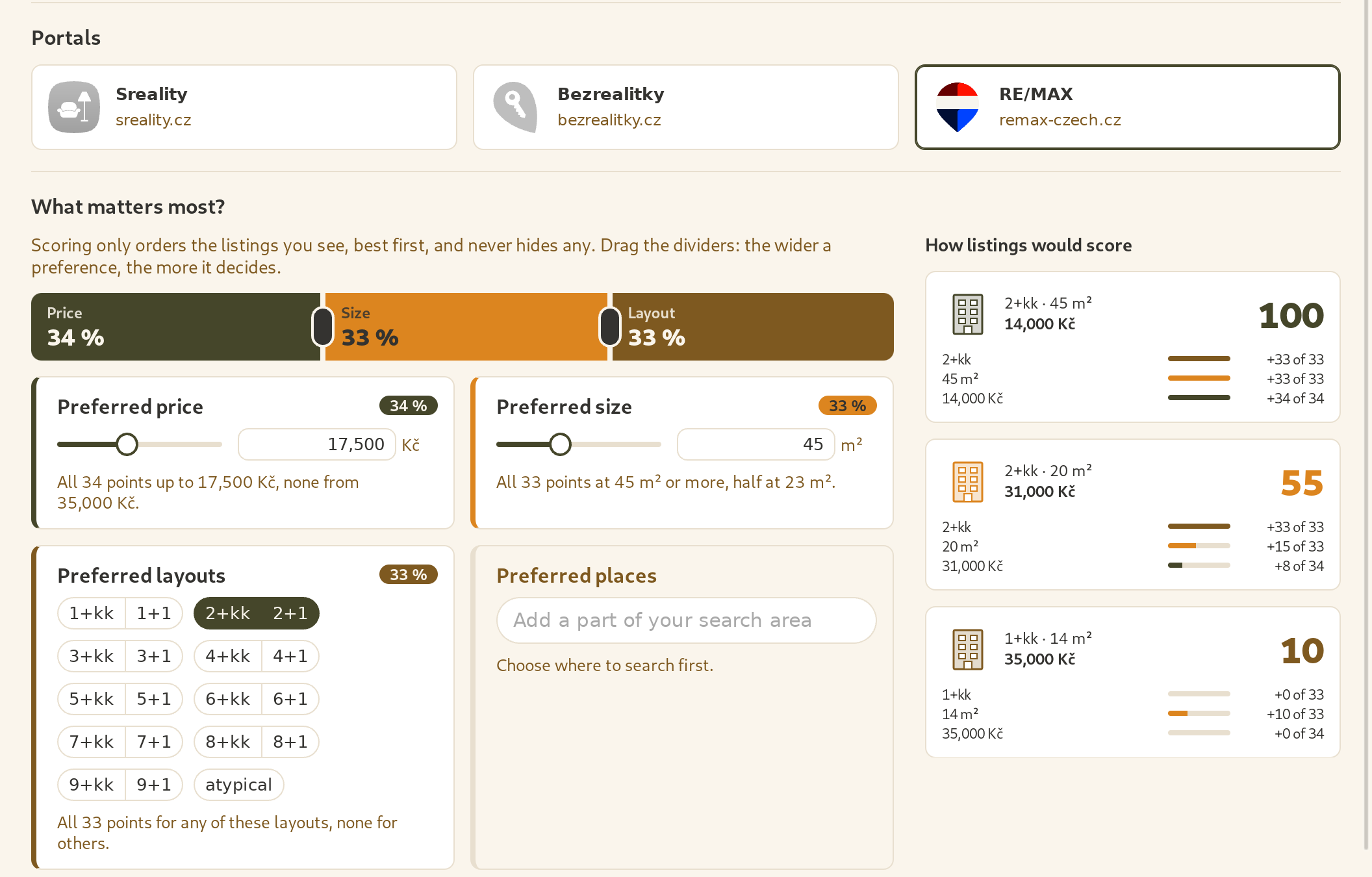 Preferences in the app: the portals turned on, the weight of price, size and layout and a preview of how listings would score