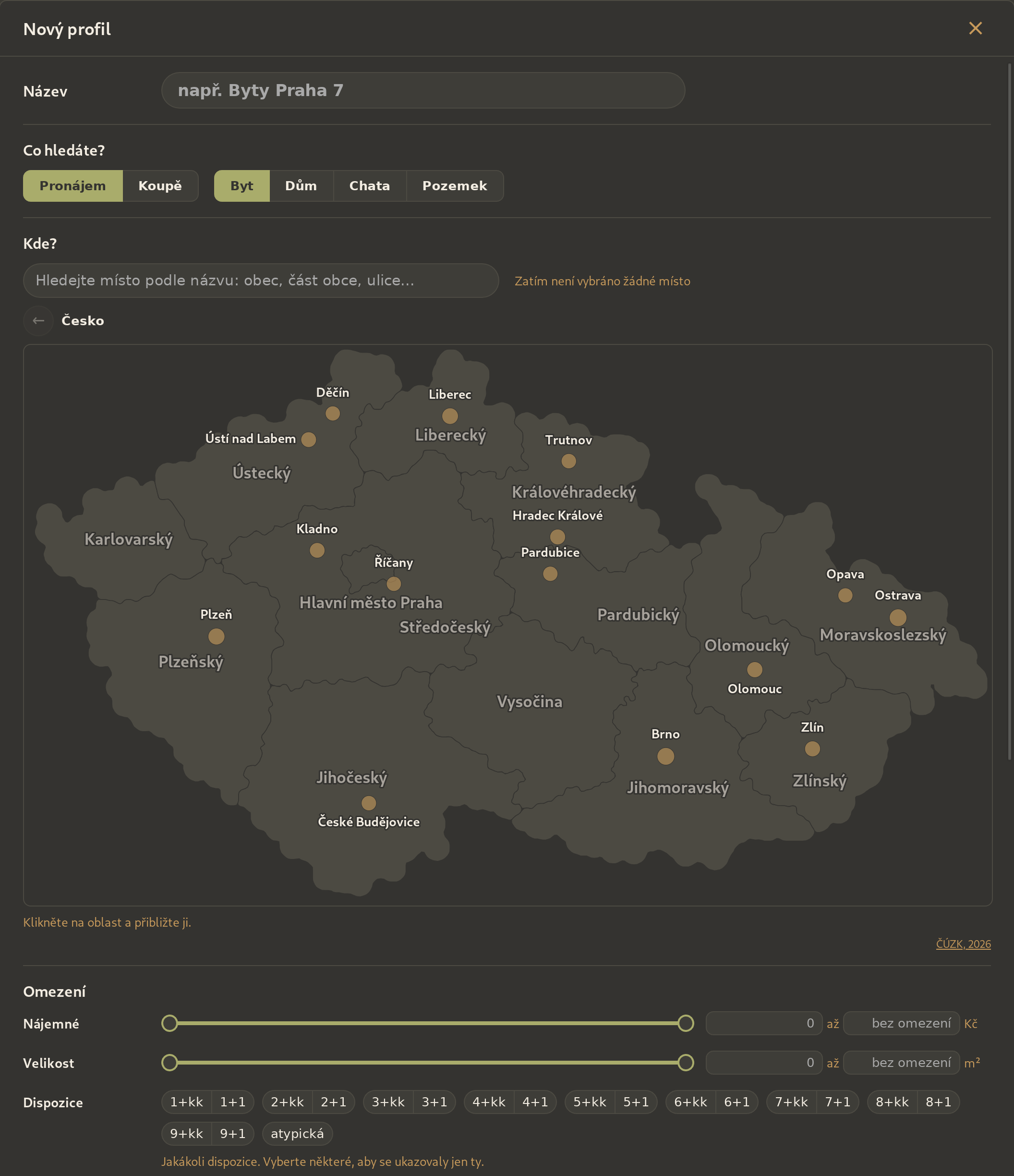 Nový profil v aplikaci: typ nabídky, mapa Česka pro výběr místa, rozpětí ceny a velikosti a dispozice