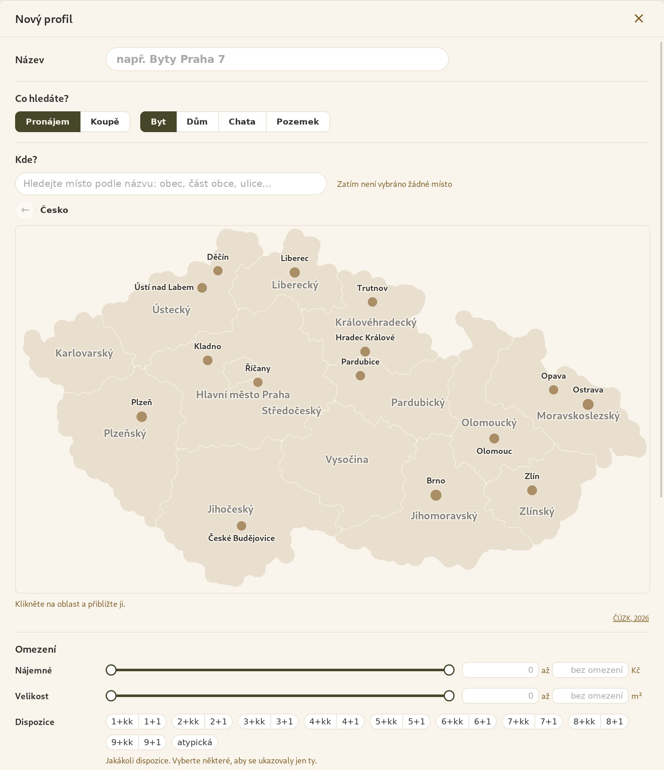 Nový profil v aplikaci: typ nabídky, mapa Česka pro výběr místa, rozpětí ceny a velikosti a dispozice