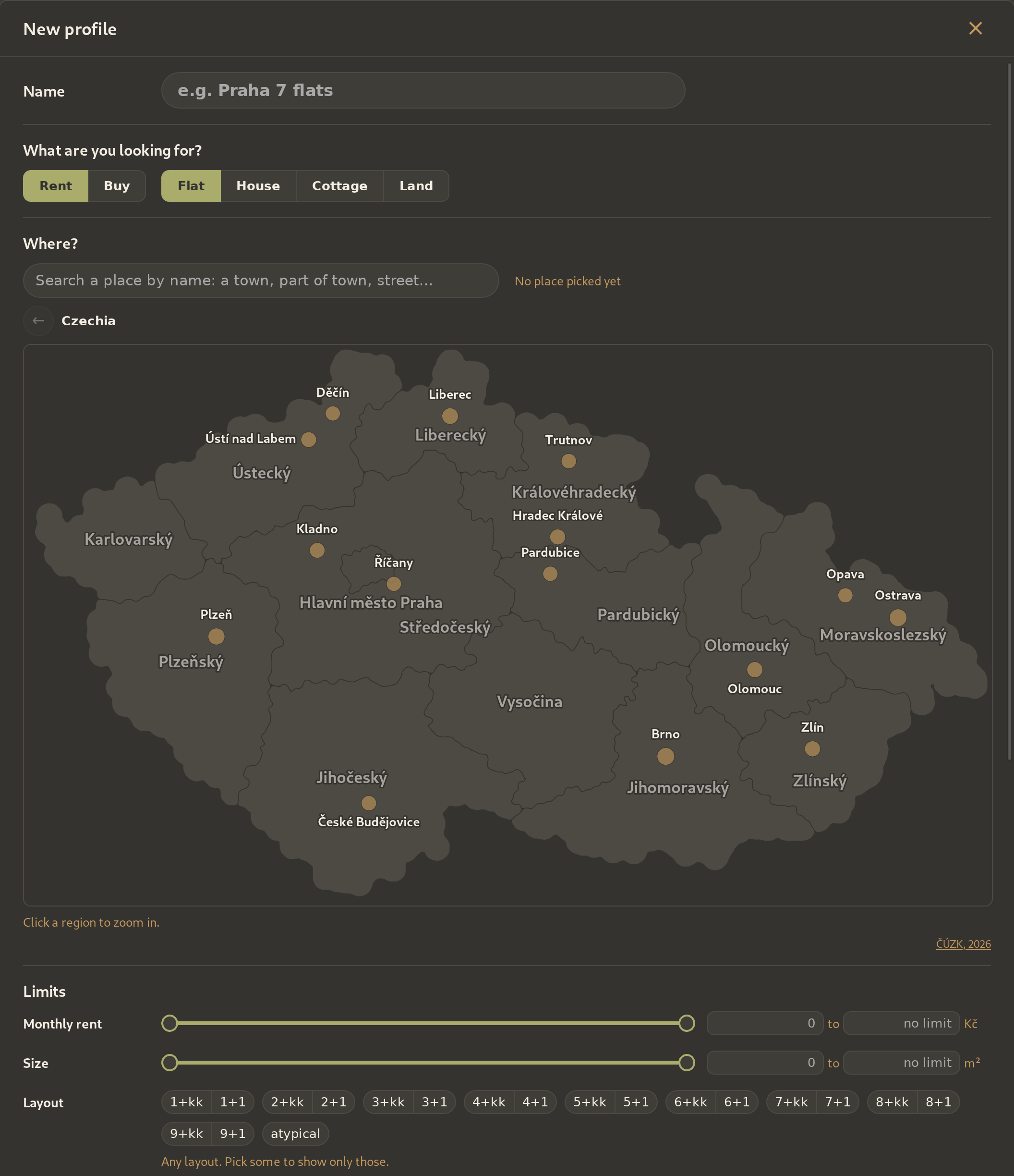 A new profile in the app: the kind of offer, a map of Czechia to pick the place, price and size ranges and layouts