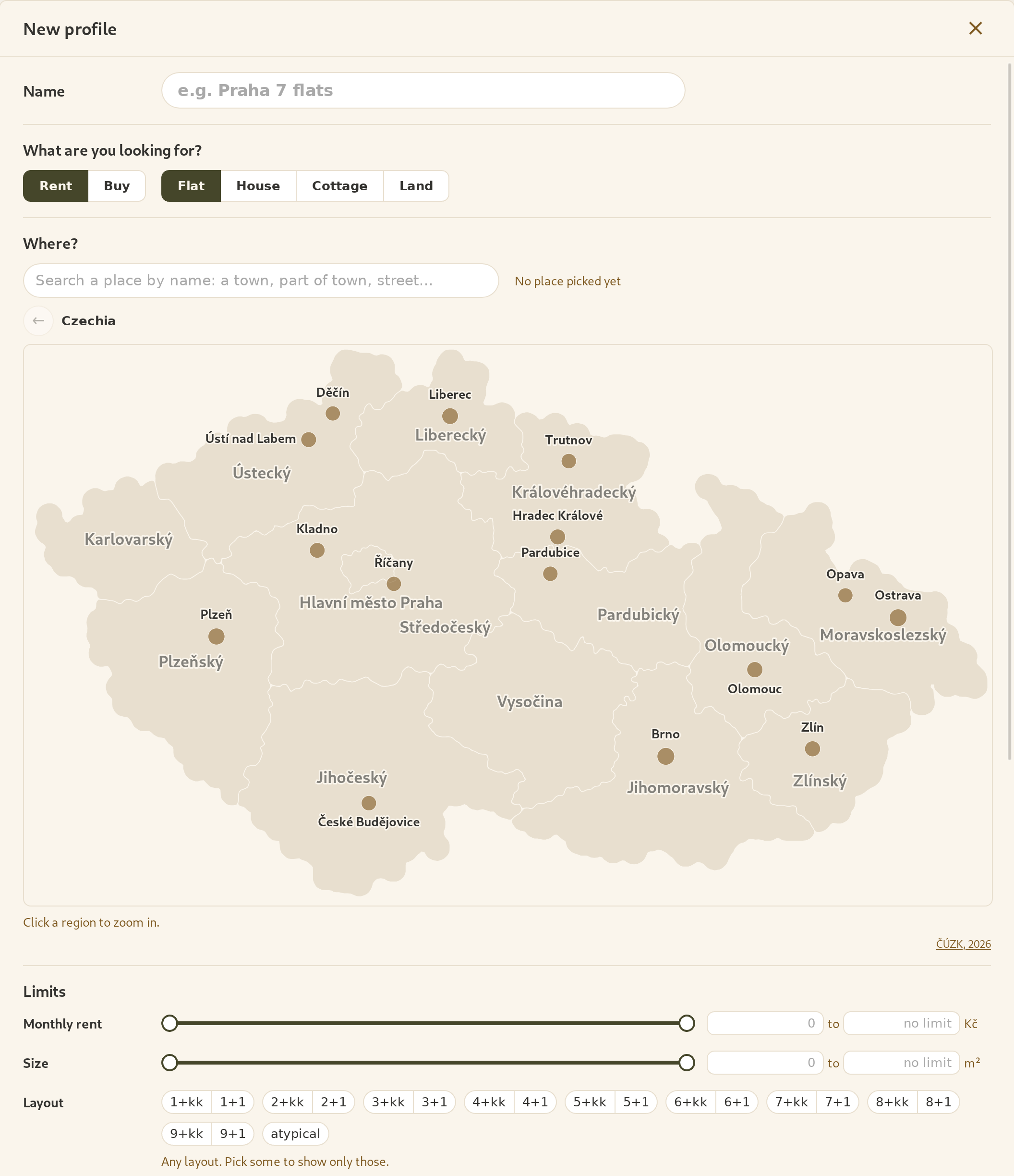 A new profile in the app: the kind of offer, a map of Czechia to pick the place, price and size ranges and layouts